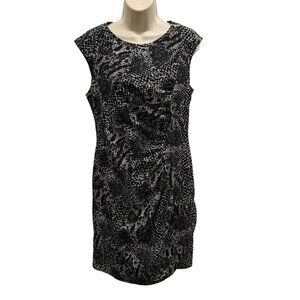 Ann Taylor Black White Sleeveless Animal Print Ruched Sheath Dress Size 6